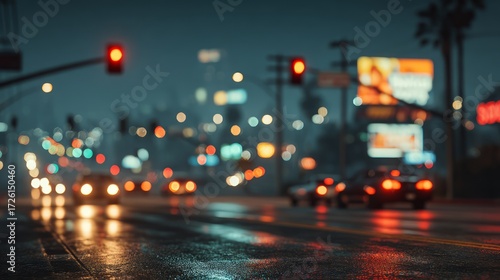 Nighttime city street with blurred lights, traffic signals, and reflections on wet road