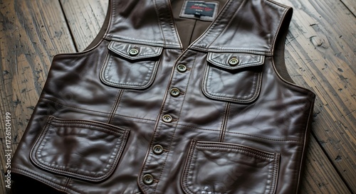 Wallpaper Mural Stylish Action Shot of Brown Leather Vest on Rustic Wooden Surface, Fashion, Lifestyle, Textured Clothing, Close-Up View Torontodigital.ca