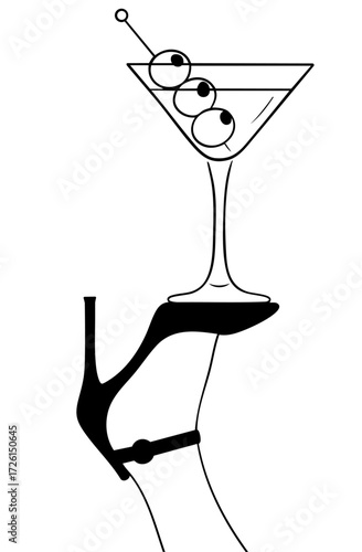 Sexy female leg in high heel balancing martini cocktail glass with olives and bow, glamorous retro nightclub party art