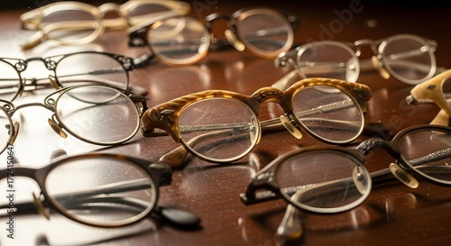 Wallpaper Mural Showcase of Vintage Glasses, Antique Eyewear Collection, Indoor Display, Photography, Warm Lighting, Close-up Perspective, Nostalgia Torontodigital.ca