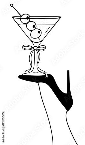 Elegant martini glass with olives on female leg in high heel, sexy glamorous cocktail party pin-up art