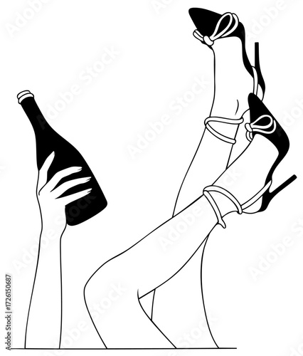 Female legs in high heels with hand holding alcohol bottle, night party celebration and glamorous woman