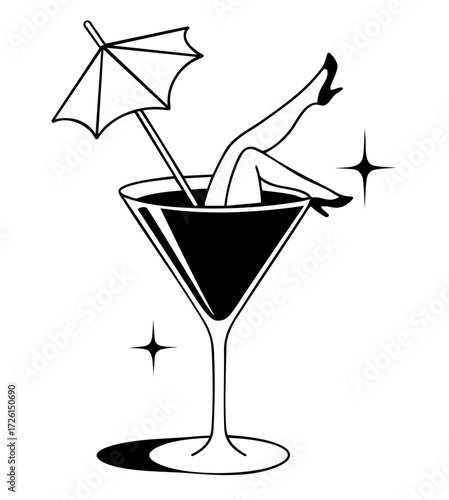 Sexy female long legs in high heels inside martini cocktail glass with umbrella, playful burlesque cabaret show party art
