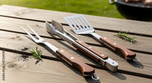Wallpaper Mural Grilling Tools Action Shot, BBQ Essentials, Backyard, Photography, Sunny Day, Close-Up, Outdoor Cooking Concepts Torontodigital.ca
