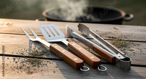 Wallpaper Mural Grilling Tools on Wooden Table, Backyard, Food Preparation, Natural Light, Close-up View, Culinary Experience Torontodigital.ca