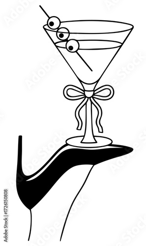 Vintage glamour cocktail art with female leg in high heel balancing martini glass with olives and bow, retro sexy nightlife 