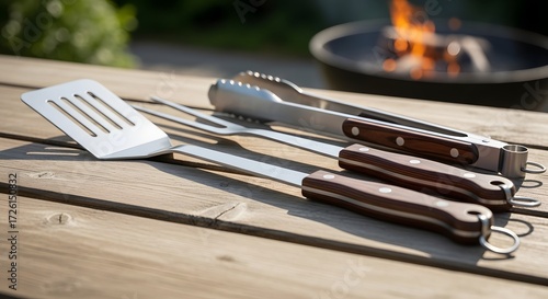 Wallpaper Mural Barbecue Tools Displayed on Wooden Table, Outdoor Cooking Environment, Close-Up View of Kitchen Accessories Torontodigital.ca
