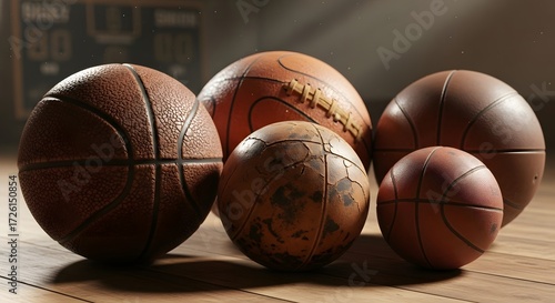 Wallpaper Mural Various Sized Balls on Court, Sports Environment, Close-Up View, Athletic Concept Torontodigital.ca