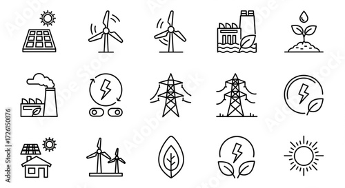 Renewable Energy Icons Sustainable Power, Environmentally Friendly Tech & Eco-Conscious Future