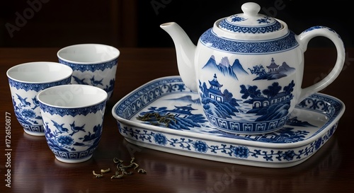 Wallpaper Mural Porcelain Teapot and Cups on Wooden Table, Still Life Photography, Cozy Environment, Close-Up View with Cultural Element Torontodigital.ca