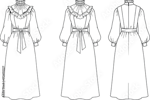Women's stylish mini dress technical flat sketch vector illustration drawing design pattern with V-neck wrap top, elastic shirred waist detail, bodice lace-up, 