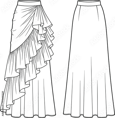 Women's stylish maxi skirt technical flat sketch vector illustration drawing design pattern with fitted waist, dramatic side drape, asymmetrical cascading multi-