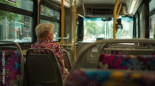 Elderly woman sitting on a city bus looking out the window during daytime, public transportation, daily commute, senior passenger, urban travel scene