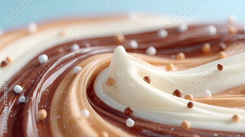 Macro Swirl of Chocolate Tan and Cream with Sprinkles on Light Blue Background