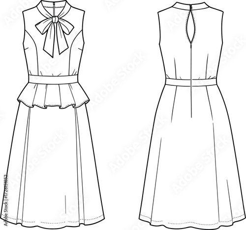 Women's stylish ruffled high-neck maxi dress technical flat sketch vector illustration drawing design pattern with dramatic balloon sleeves, neck frill, 