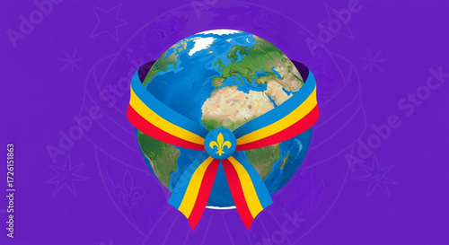 World Scout Day World Globe Adorned with a Ribbon Bow Symbol of Global Unity and Cooperation