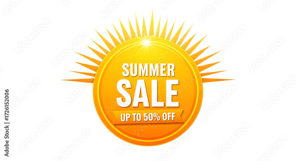 Fototapeta premium Summer sale badge isolated on transparent background with sunburst decoration