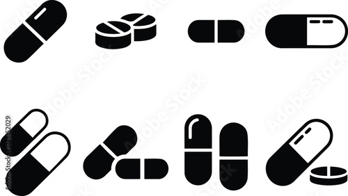 Pills and capsules icon set for medicine, pharmacy, and healthcare vector illustration