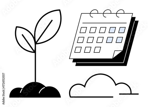 Young plant sprouting from soil beside calendar and cloud, symbolizing growth, planning, and sustainability. Ideal for development, environment, ecology, agriculture, strategy productivity