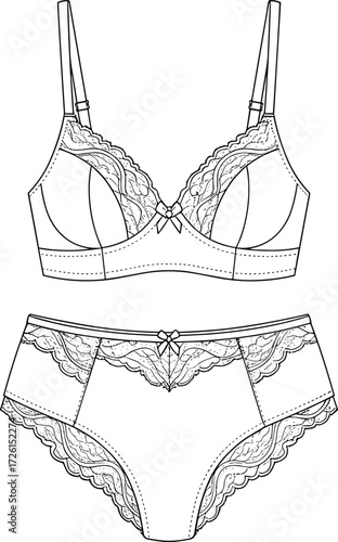 Women's stylish lace lingerie bra and underwear set technical flat sketch vector illustration drawing design pattern with adjustable straps, underwire cups, lace 