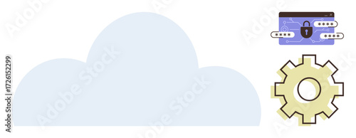 Cloud with digital security card and gear symbolizes data protection, cloud computing, and process configuration. Ideal for technology, cybersecurity, data management, system optimization