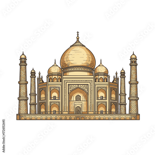 Golden Taj Mahal Illustration Indian Monument Mughal Architecture Landmark Sketch
