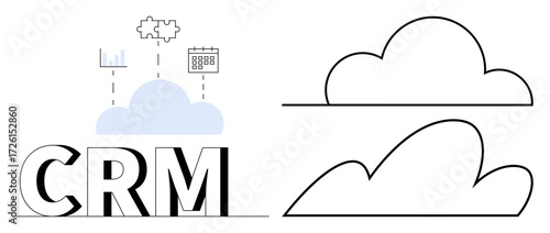 CRM letters below a cloud with analytics, puzzle, and calendar icons. Ideal for business, technology, cloud computing, analysis, CRM systems data management teamwork. Simple flat metaphor