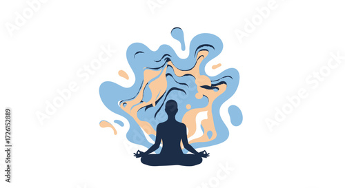 Meditating person with abstract flowing thoughts concept for mindfulness and inner peace
