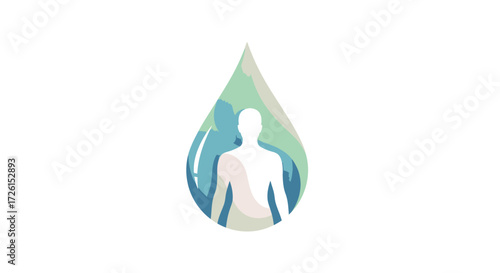 Human silhouette in water droplet symbol for health wellness and hydration concept