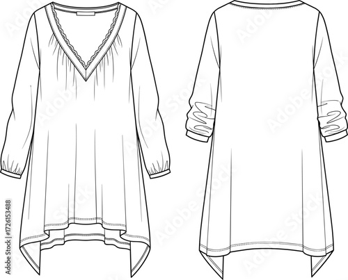Women's stylish flowy tunic top flat technical sketch vector illustration drawing design pattern with V-neckline gathered front detail three-quarter sleeves with tabs and high-low curved hem.