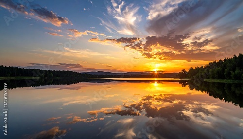 Fototapeta Naklejka Na Ścianę i Meble -  Serene sunset mirrored in calm lake waters