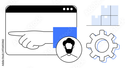 Hand pointing at browser window, user profile icon, gear, and blocks representing teamwork, decision-making, process optimization. Ideal for workflow, strategy, system management efficiency