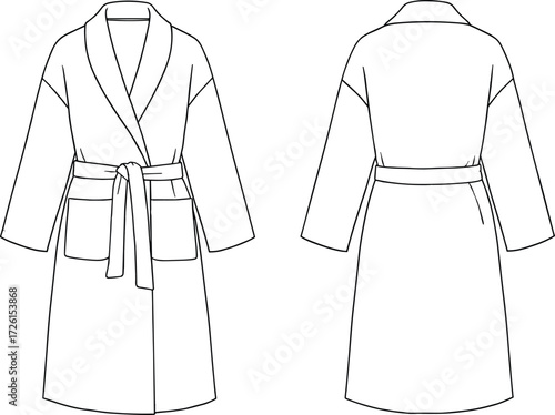 Unisex long belted kimono robe technical flat sketch vector illustration drawing design pattern with shawl collar, dropped shoulders, long sleeves, patch \