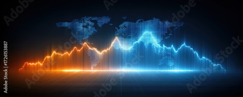 Global inflation forecasting concept. A futuristic digital representation of a world map with fluctuating data trends in orange and blue, symbolizing global market dynamics.