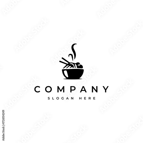 ramen noodle food logo with toppings and chopsticks in a bowl container in a flat vector design style
