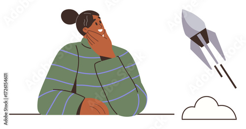 Thoughtful woman sitting and pondering while looking at a rising rocket representing innovation, aspiration, and growth. Ideal for creativity, entrepreneurship, success, career planning, ambition