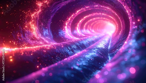 Abstract space tunnel with neon light trails and vibrant colors creating a vortex effect