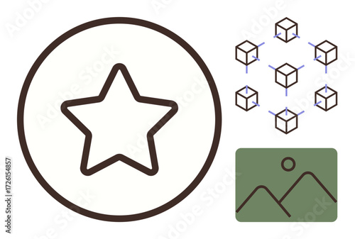 Star in a circle, cube network, and mountain image. Ideal for technology, innovation, blockchain, rewards, goal-setting, achievements and design concepts with a simple flat metaphor