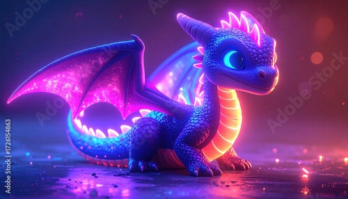 Adorable neon dragon sitting on a reflective surface with a colorful background