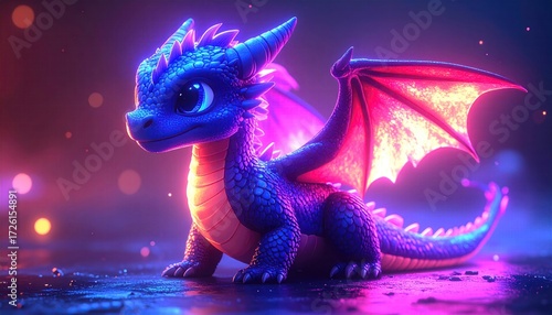 A vibrant, magical, cartoon dragon in a neon fantasy landscape creates joy and wonder