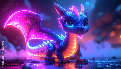 Enchanting Neon Dragon: A whimsical creature bathed in vibrant light and fantasy colors creating a