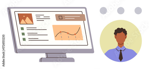 Desktop screen displaying documents, graphs, and checklists with team member avatar. Ideal for teamwork, data sharing, digital tools, remote work, workflow management, analytics collaboration