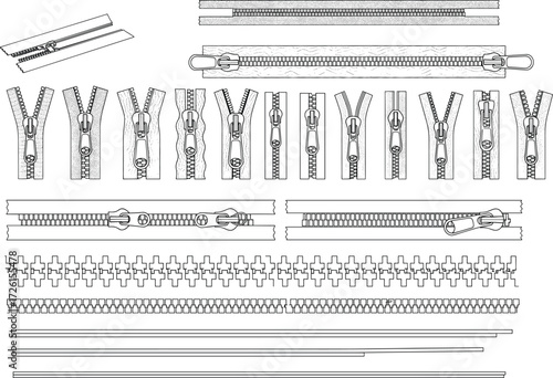 Mega collection of technical zipper types and components vector illustration drawing set including metal, coil, plastic teeth, sliders, and open and closed chain segments.
