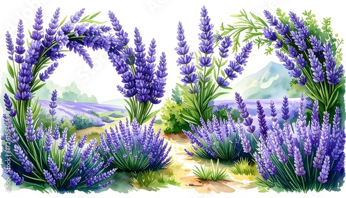 Lavender fields with arches.  Aquarelle style