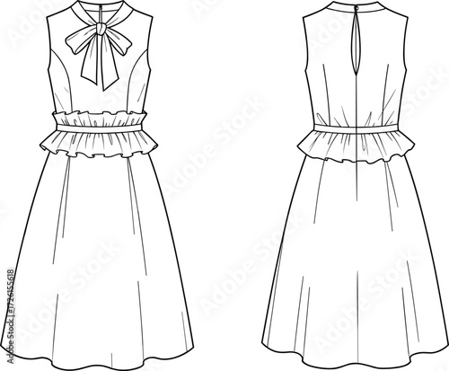 Women's stylish sleeveless midi dress technical flat sketch vector illustration drawing design pattern with high pussy bow neckline, fitted bodice, pleated \CAD\awing Flat Vector Illustration