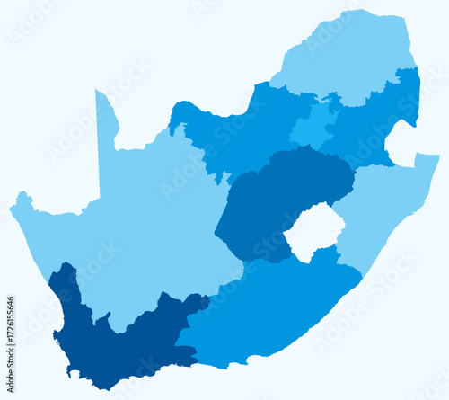 Map of South Africa with regions. Just a simple country border map with region division. Light blue color palette. Plain South Africa shape with administrative division. Vector illustration.