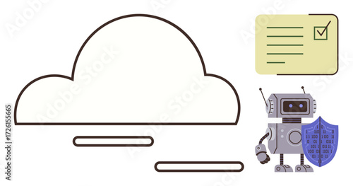 Minimalistic cloud shape, robot holding shield, and checklist highlight secure data storage, AI integrity, compliance, reliability. Ideal for cybersecurity, AI, cloud tech data safety compliance
