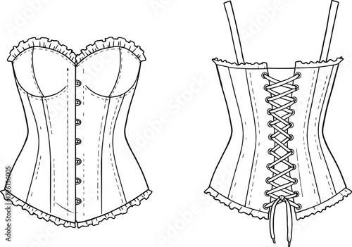 Women's stylish fitted corset top technical flat sketch vector illustration drawing design pattern with \\\\\\\\\\\\\\\\