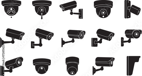 Security surveillance system icons collection – CCTV camera silhouette vector illustration for monitoring and protection.eps