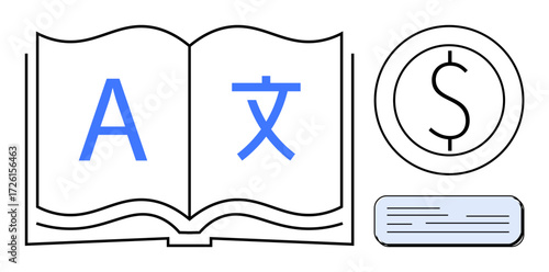 Open book with multilingual text, dollar coin, and text block representing translation, language learning, and financial value. Ideal for global business, communication, education, monetization